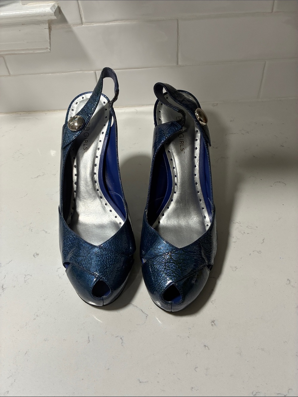 BCBGirls Metallic Navy Blue Peep-Toe Slingback Heels